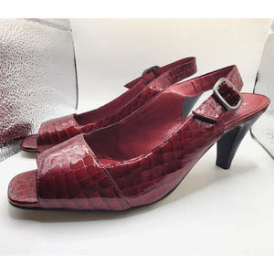 Alex Marie Womens Sz 8.5 Square Toe Red Patent Croc Print Slingback Heels